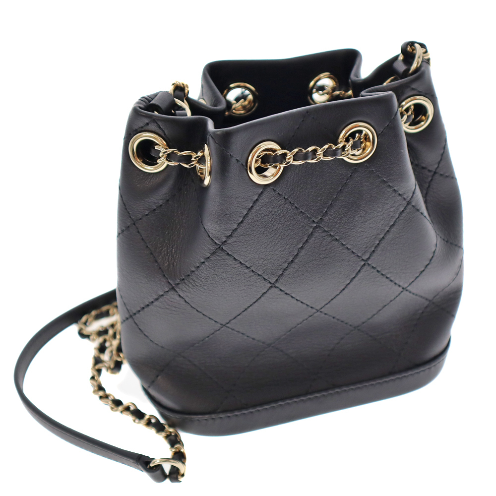Chanel Bag Mini Chain Black Shoulder Drawstring Style Lambskin Stitching